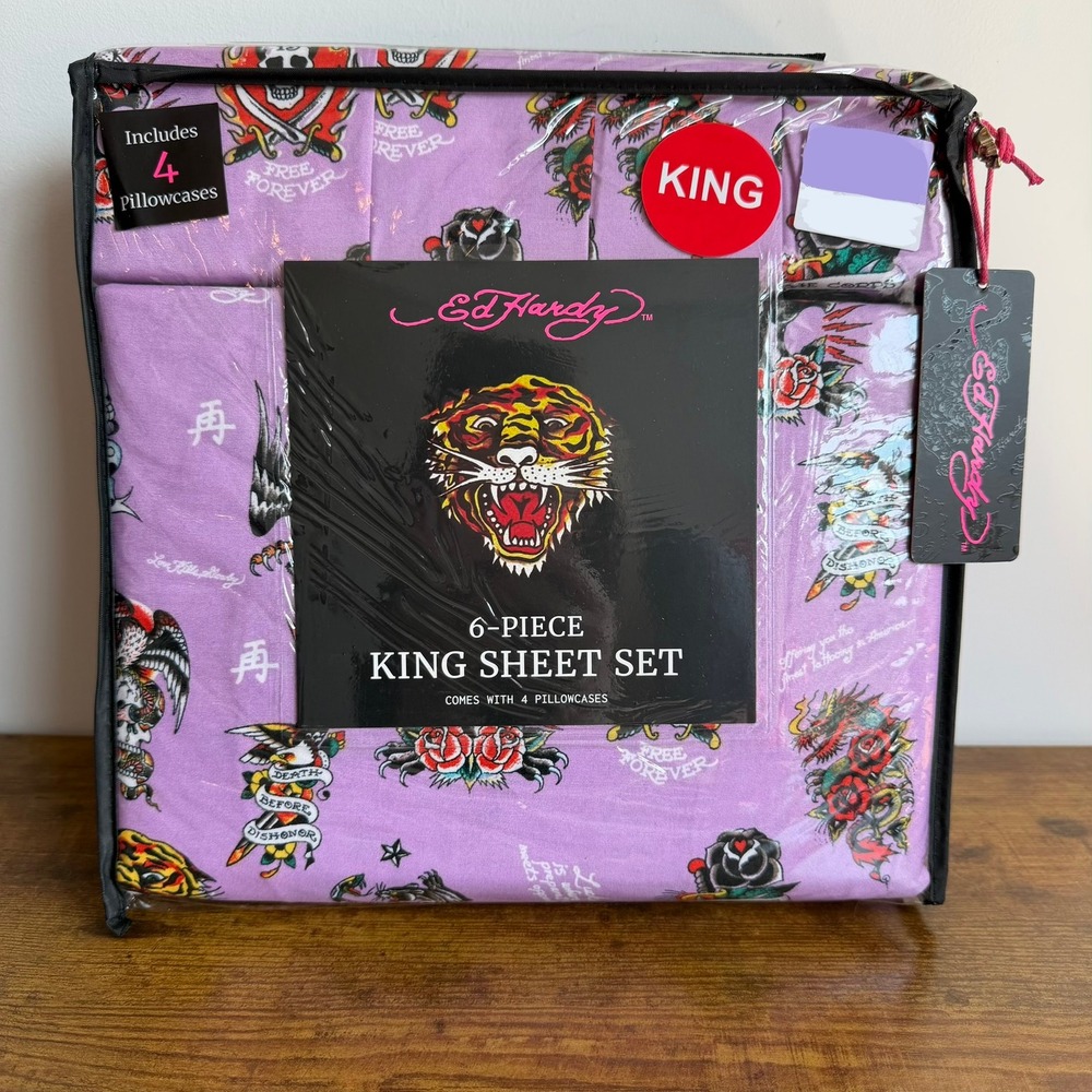 New Ed Hardy King 6 Pc Double Brushed Sheet Set Purple Tiger Panther Skull Y2K